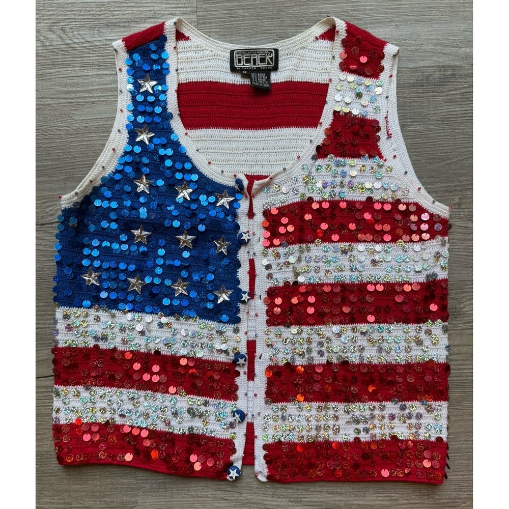 Vintage 90s American Flag Patriotic Sequin Sweater Vest S/M USA